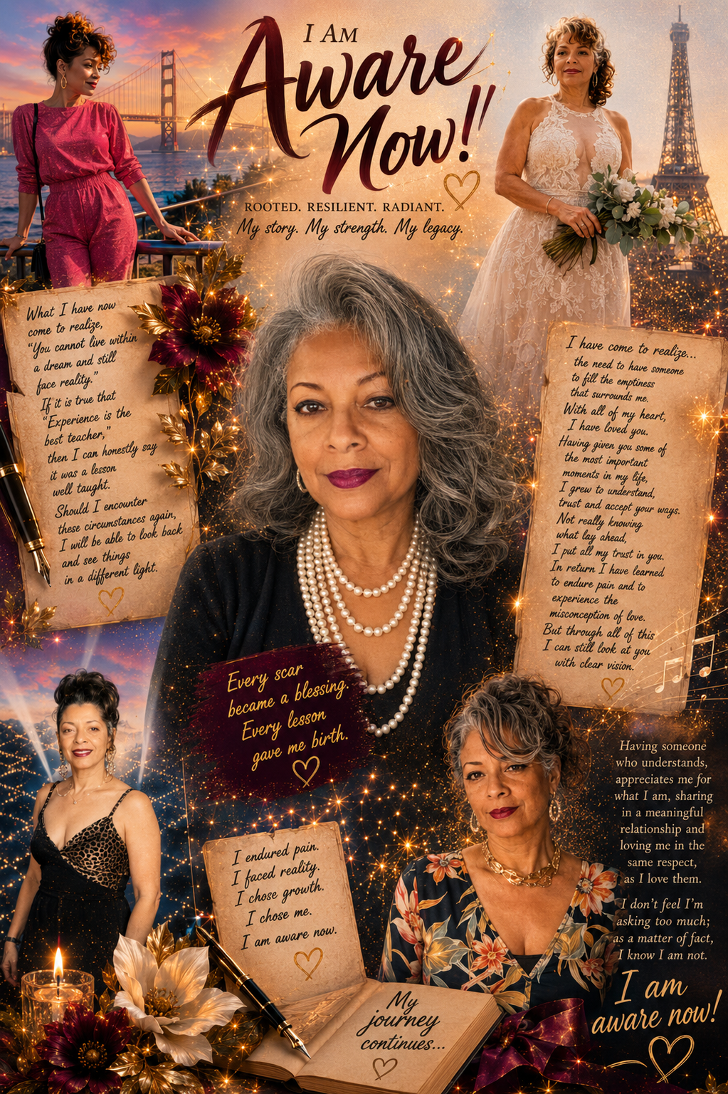 Aware Now promotional artwork featuring Jan Emanuel in a warm gold collage design