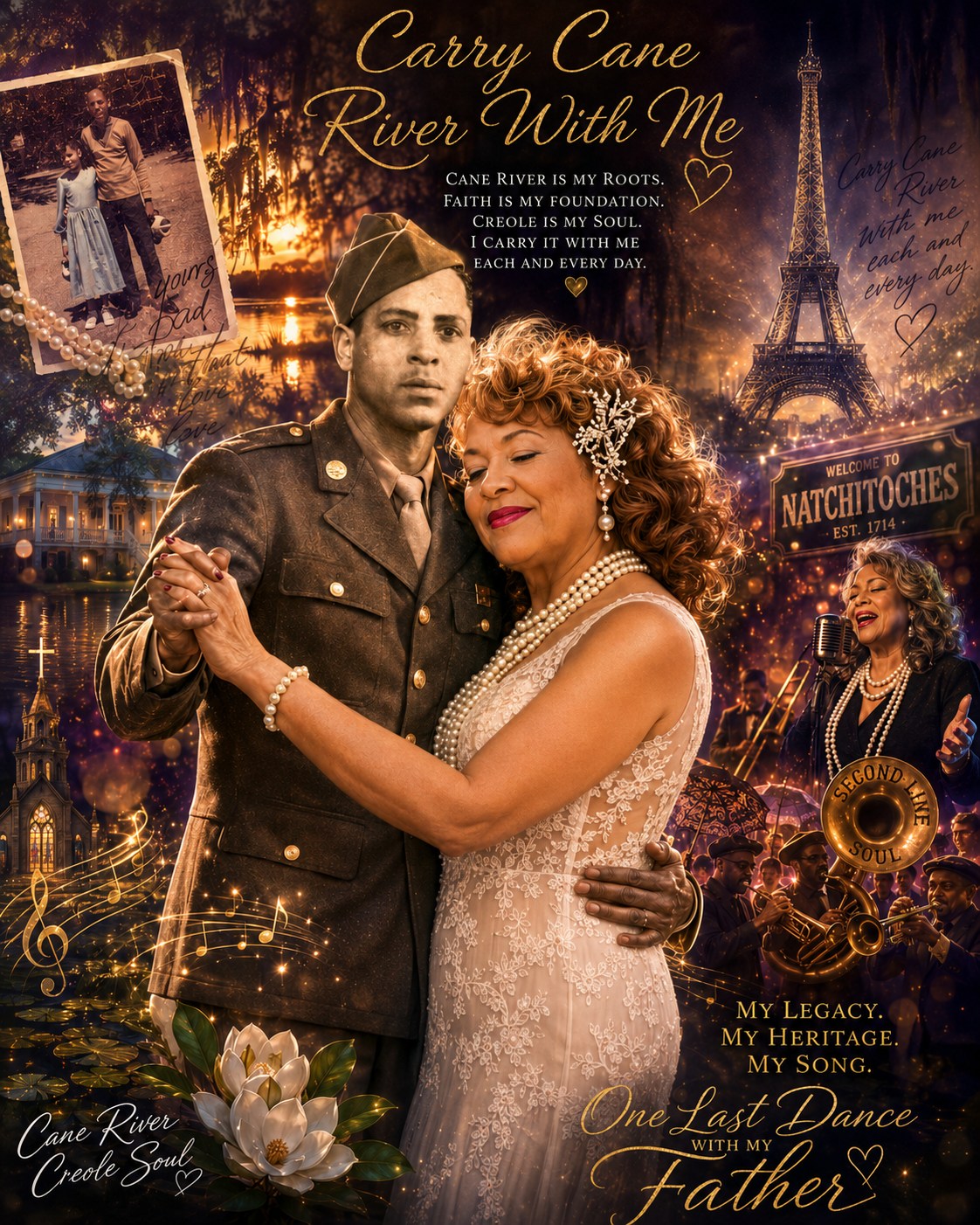 Carry Cane River With Me promotional artwork featuring a couple at the waterfront with warm golden Cane River imagery