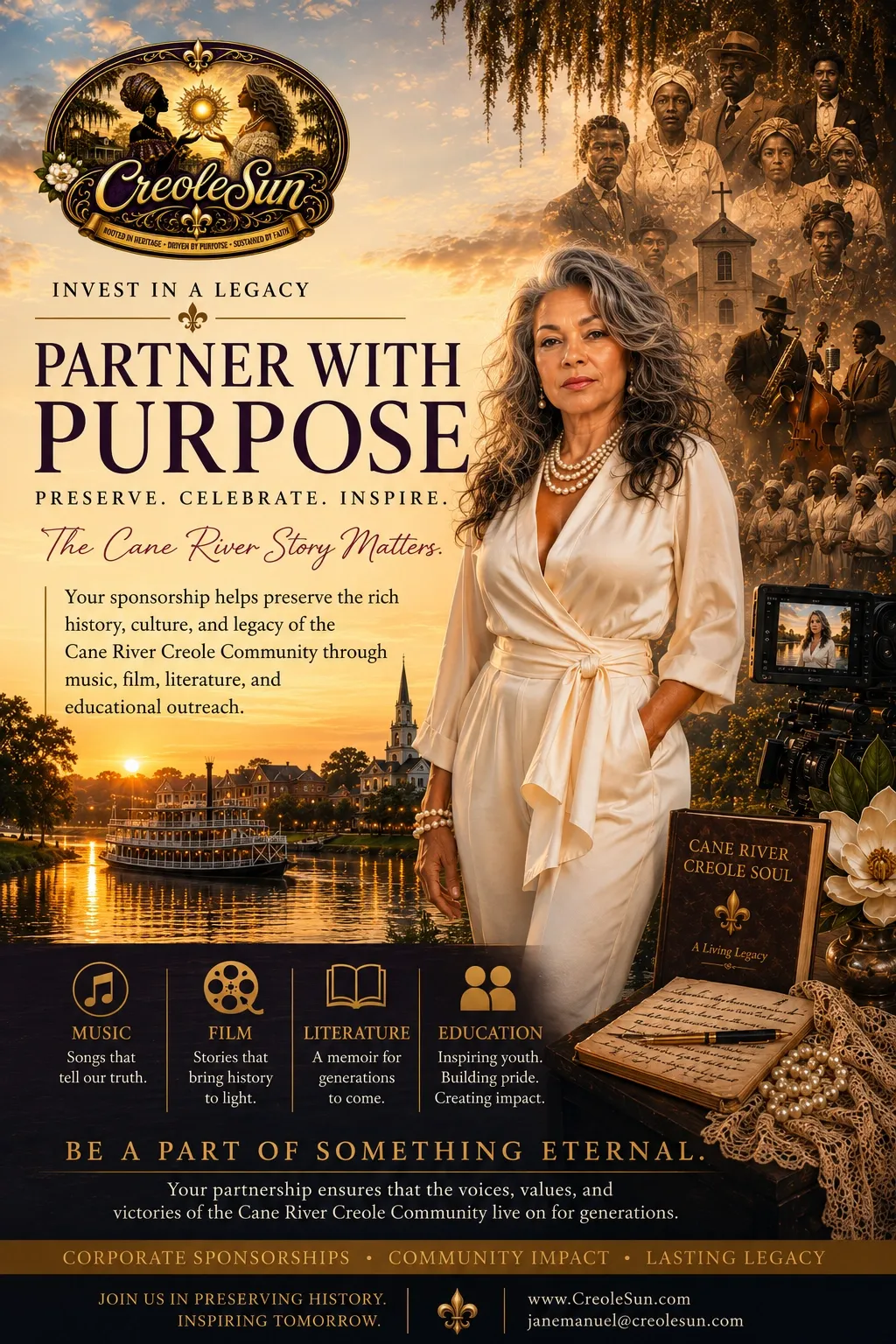 CreoleSun sponsorship header image with woman in white dress and heritage collage