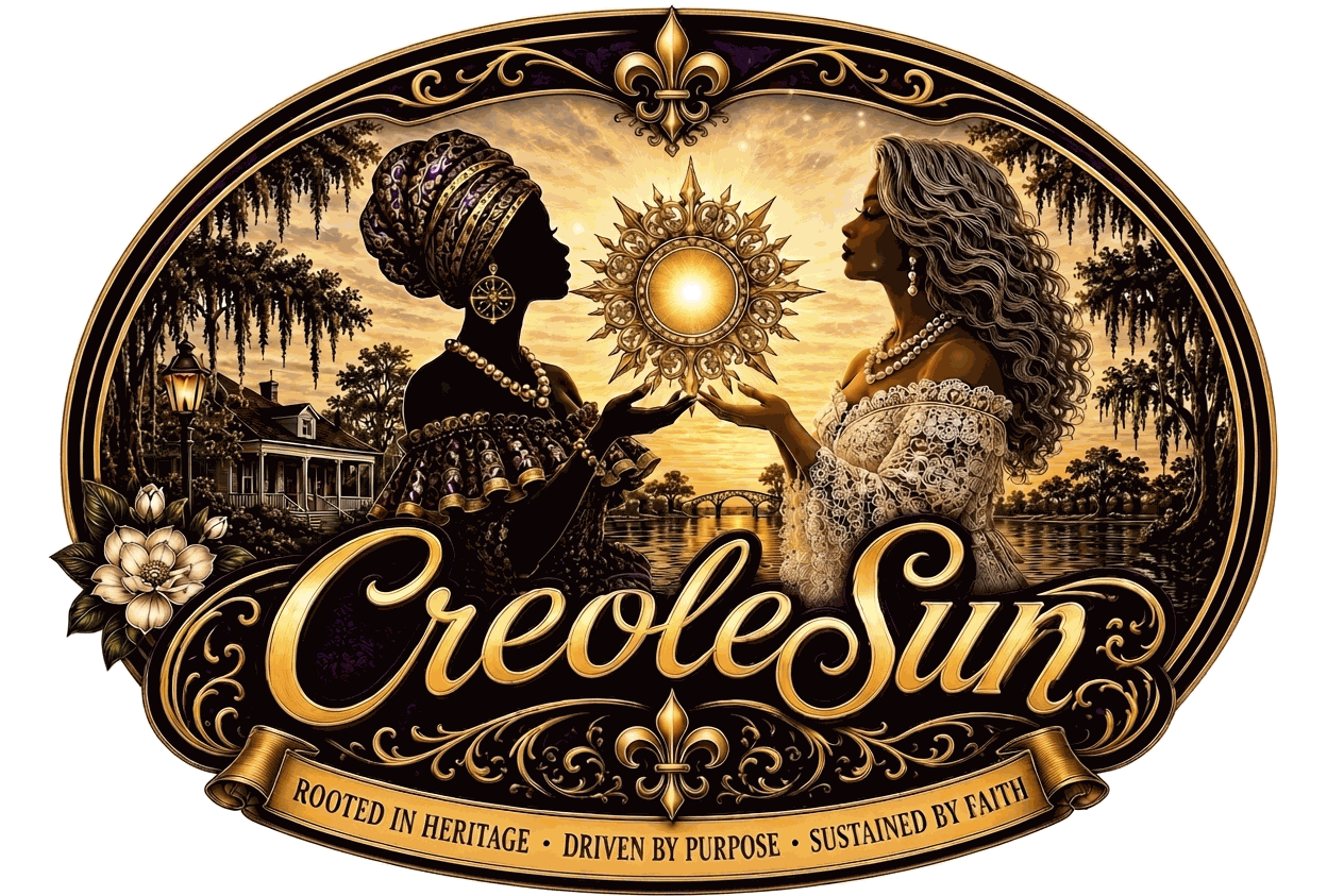 CreoleSun logo-style graphic with two women facing each other across a sunset scene