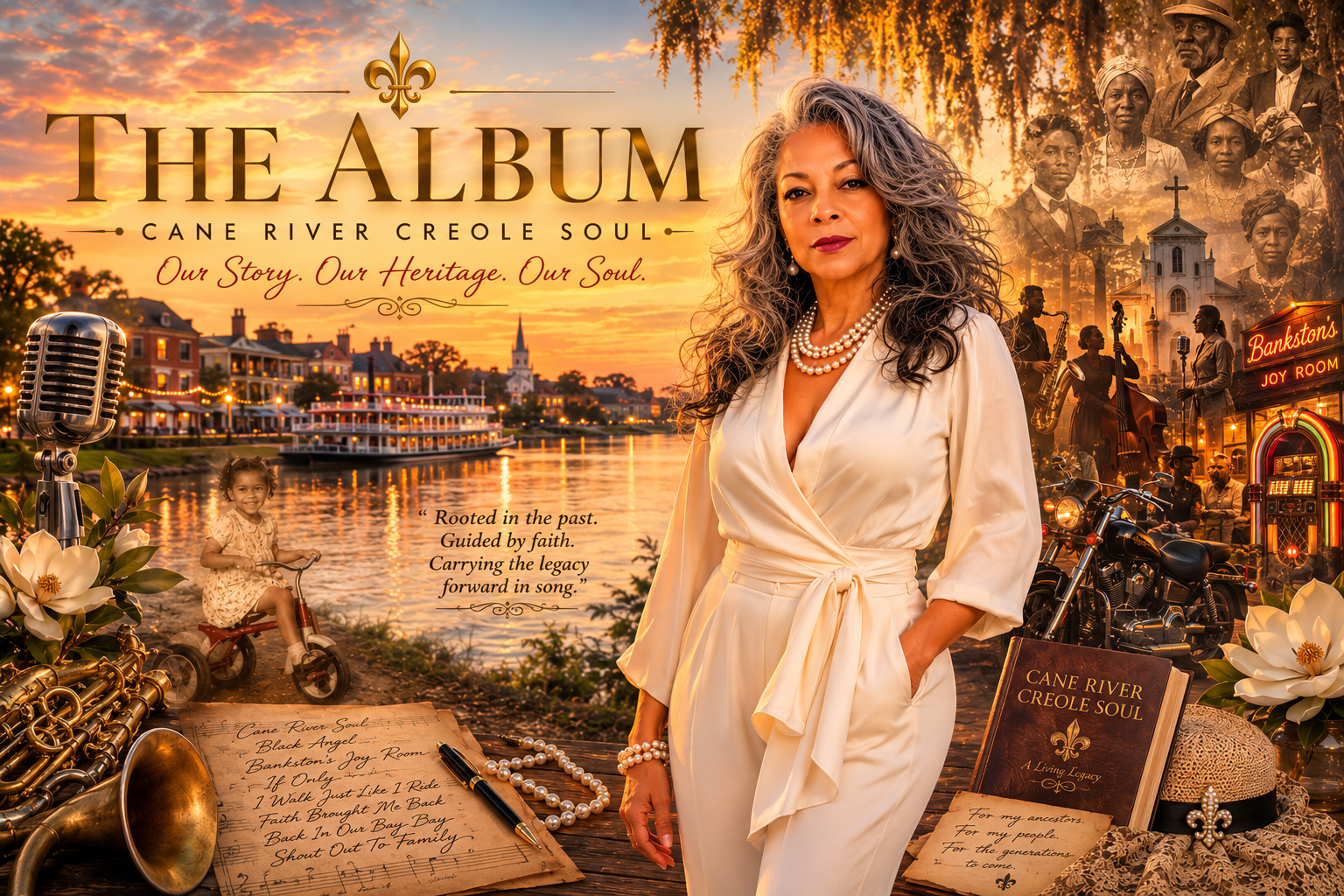 Promotional banner image with woman in white dress, Cane River scenes, and album artwork