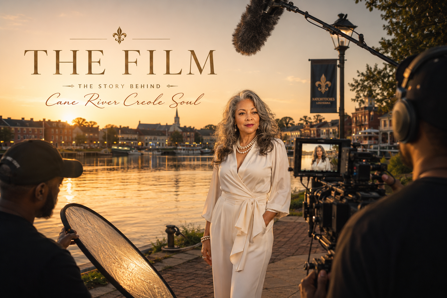 The Film header image showing a woman on a riverside promenade at sunset with film crew equipment and title text