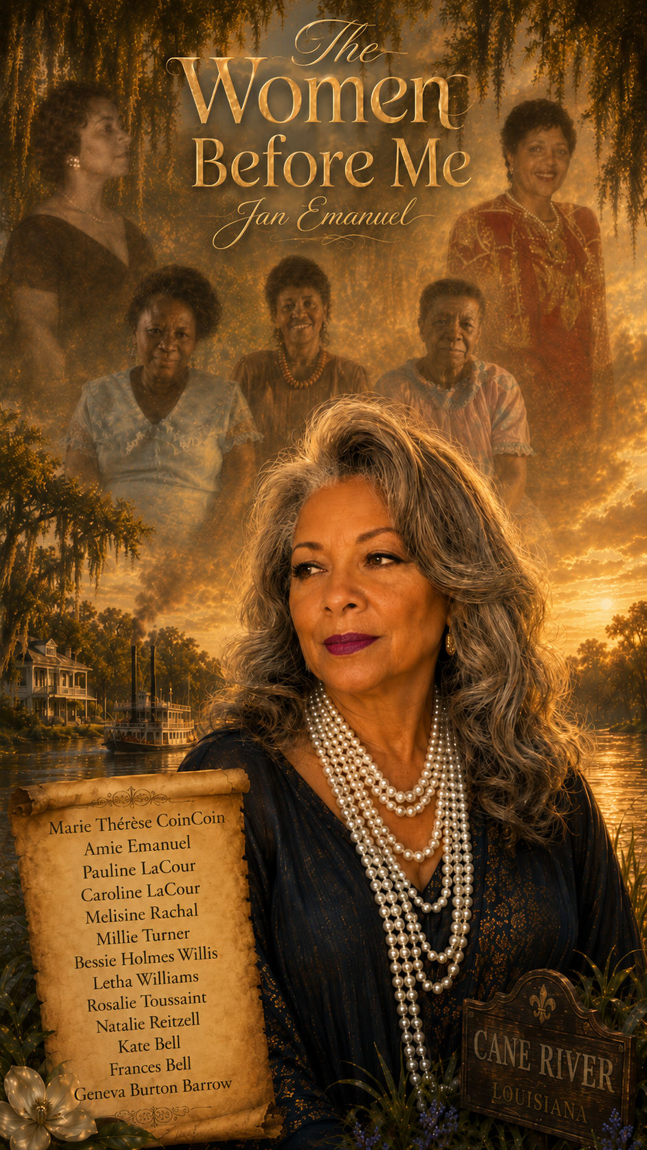 The Women Before Me promotional artwork featuring Jan Emanuel and generations of women in warm golden Cane River imagery